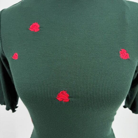 Heart & Hips Womens S Ribbed Green Dress W/ Rose Embroidery & Scalloped Hem - Picture 7 of 11